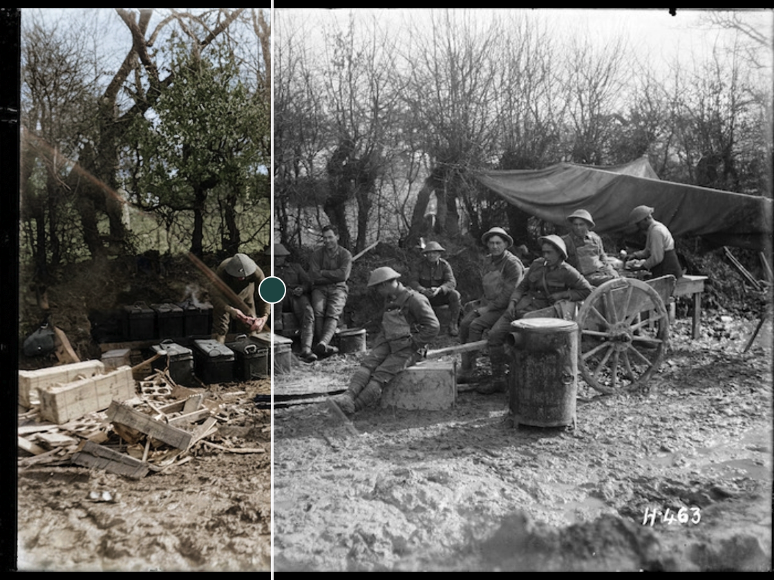 Compare slider on an older edition, Maori Pioneers on the Somme, mid-drag between colour and original