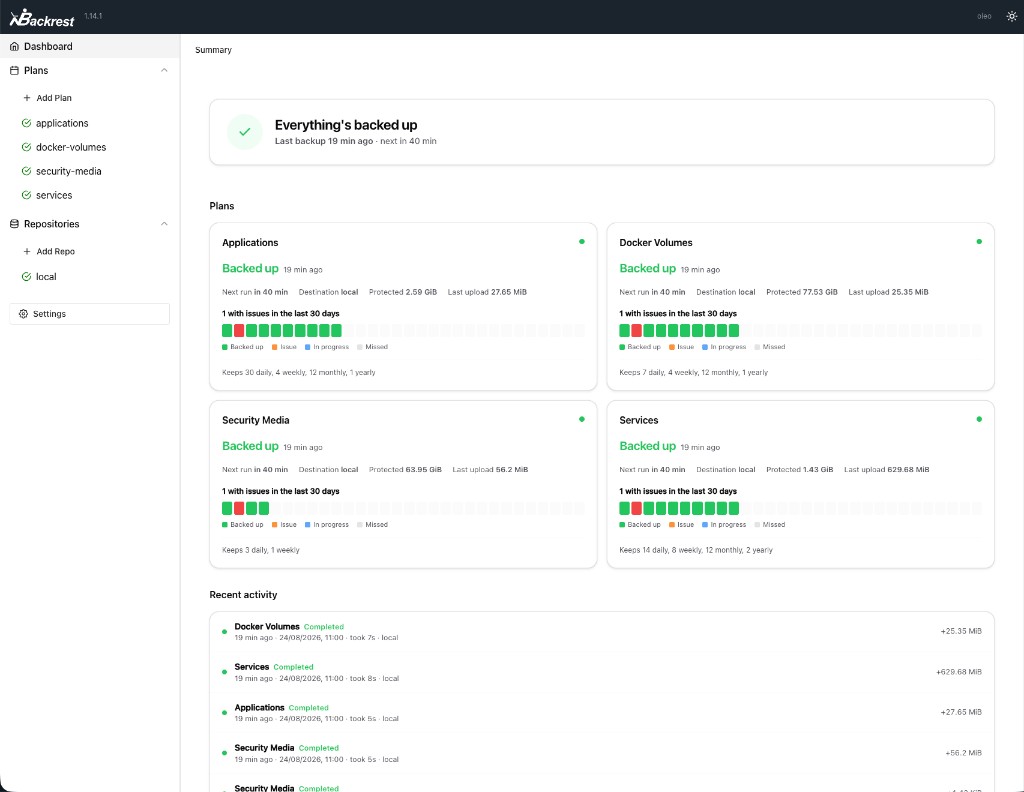 Backrest dashboard with plans for applications, docker volumes, security media, and services