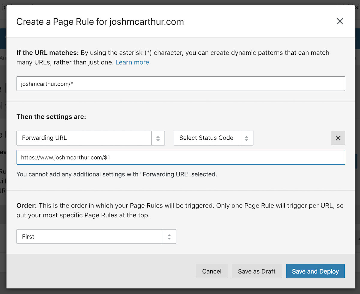 URL forwarding rule definition