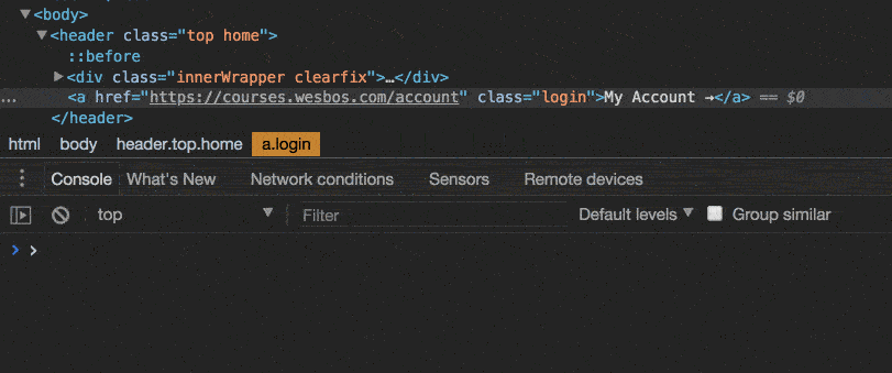 Gif of using the selected element in DevTools