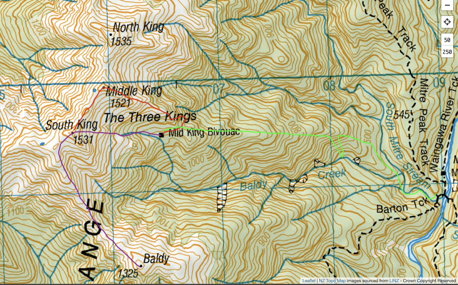 Route diagram: Red - route we
should have taken - purple - approximate route we took, green - approximate
route to Mitre Flats for day 2